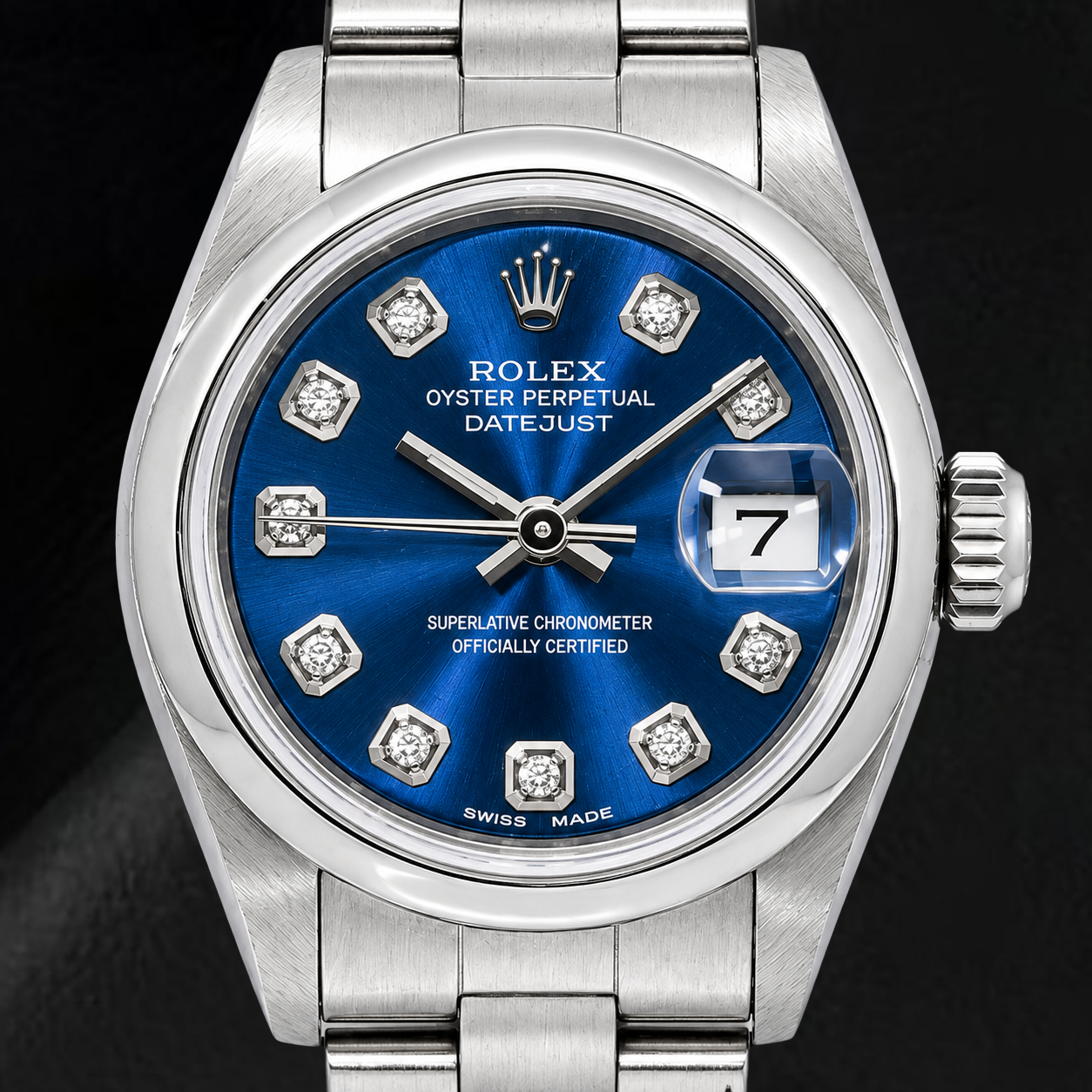 Rolex Datejust 69240 26 mm Uhr aus Edelstahl mit blauem Diamantzifferblatt