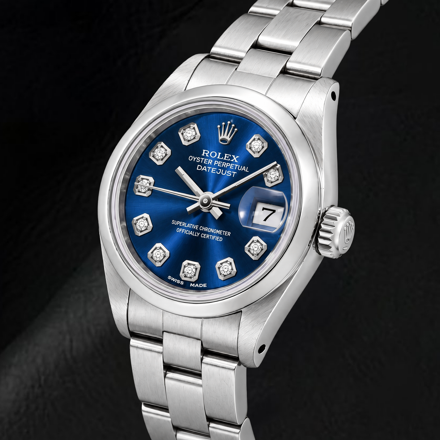 Rolex Datejust 69240 26 mm Uhr aus Edelstahl mit blauem Diamantzifferblatt