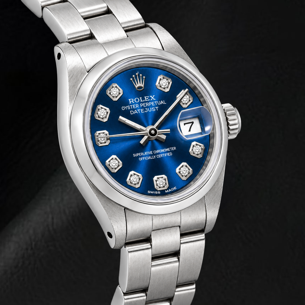 Rolex Datejust 69240 26 mm Uhr aus Edelstahl mit blauem Diamantzifferblatt