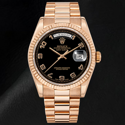 Rolex Day-Date 118235 36 mm Uhr aus Roségold mit schwarzem Zifferblatt und arabischen Ziffern