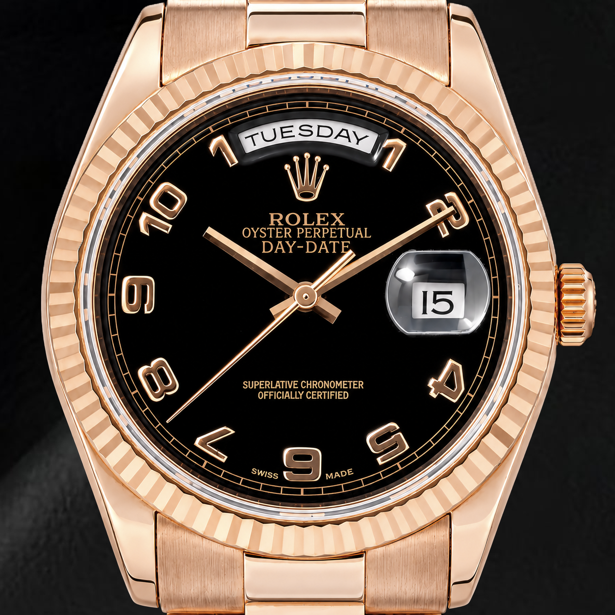 Rolex Day-Date 118235 36 mm Uhr aus Roségold mit schwarzem Zifferblatt und arabischen Ziffern