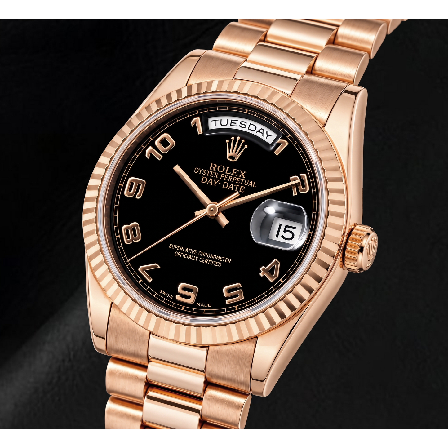 Rolex Day-Date 118235 36 mm Uhr aus Roségold mit schwarzem Zifferblatt und arabischen Ziffern