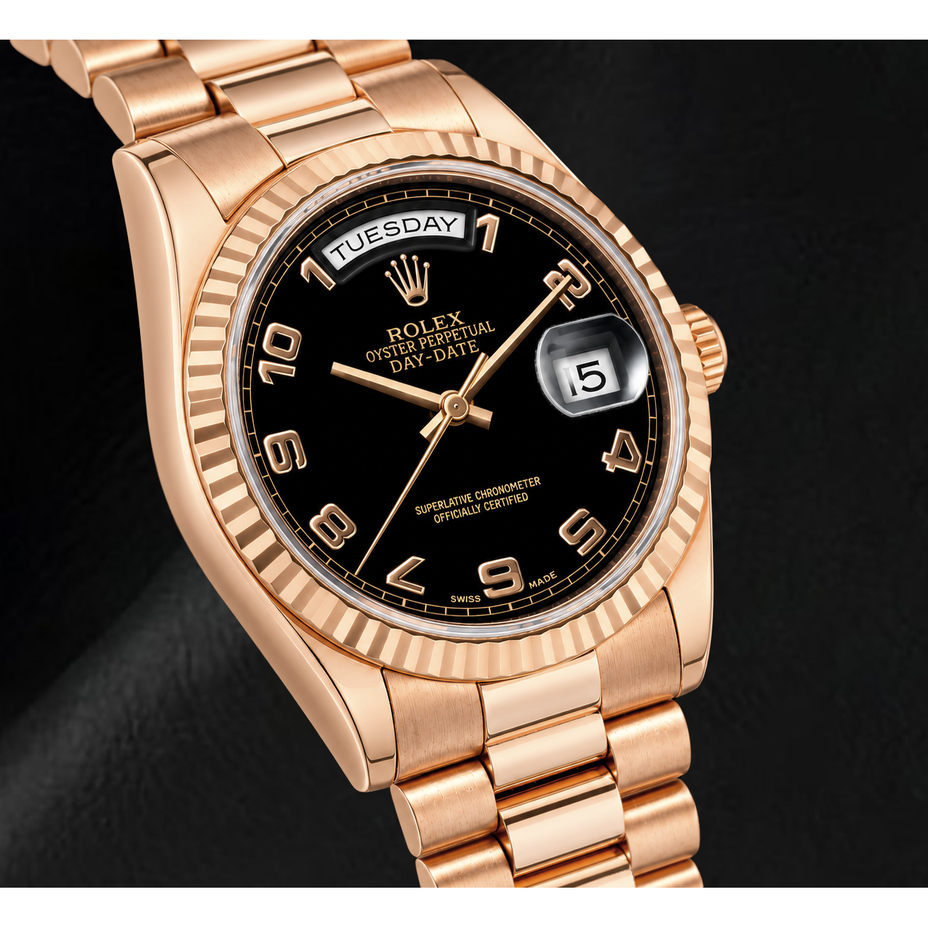 Rolex Day-Date 118235 36 mm Uhr aus Roségold mit schwarzem Zifferblatt und arabischen Ziffern