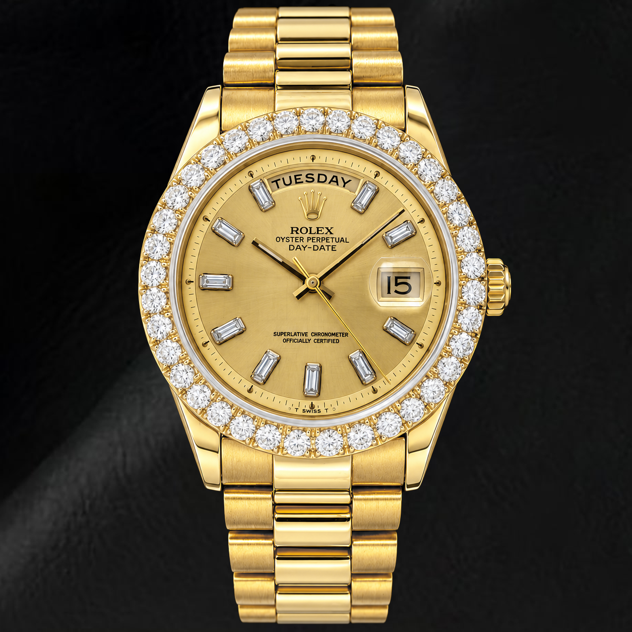 Rolex Day-Date 1803 36 mm Gelbgold Uhr mit Champagner-Leinen-Baguette-Diamantzifferblatt