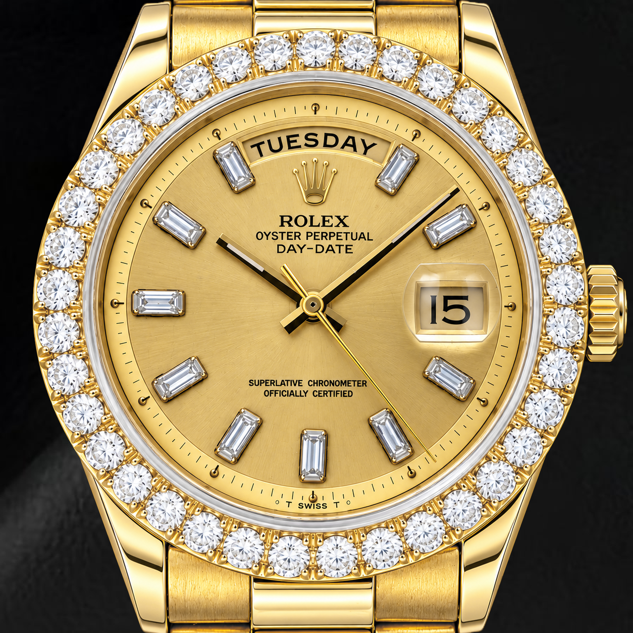 Rolex Day-Date 1803 36 mm Gelbgold Uhr mit Champagner-Leinen-Baguette-Diamantzifferblatt