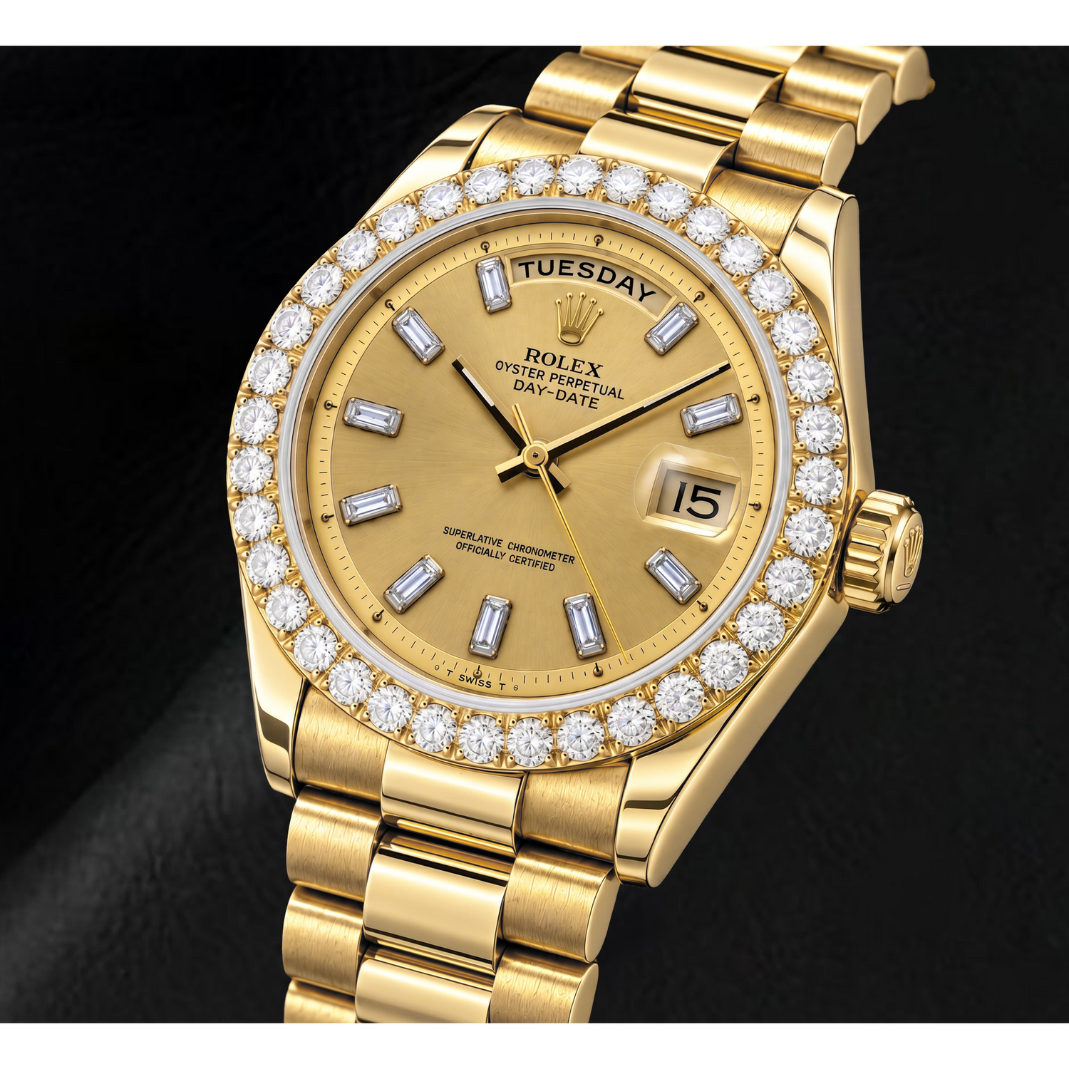 Rolex Day-Date 1803 36 mm Gelbgold Uhr mit Champagner-Leinen-Baguette-Diamantzifferblatt