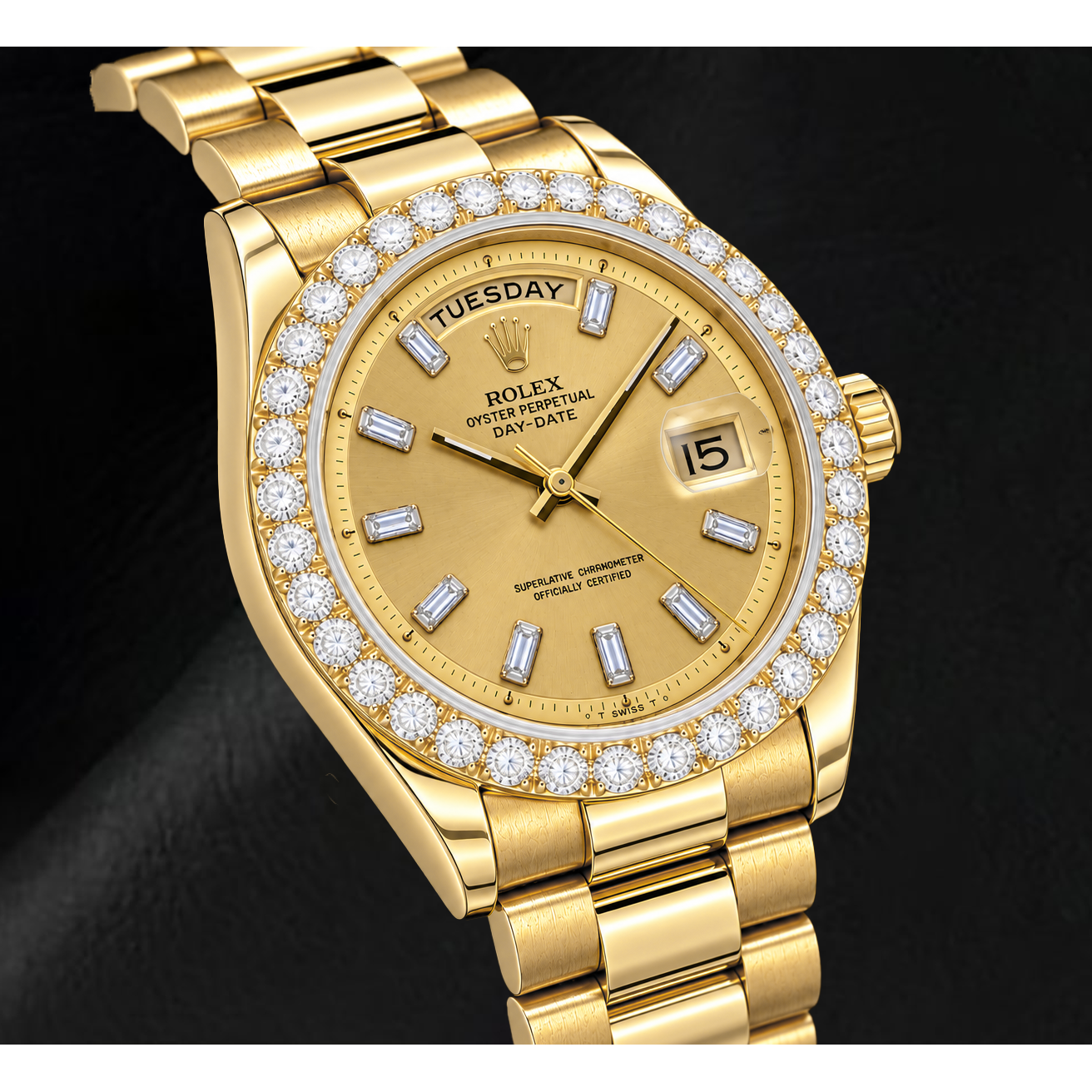 Rolex Day-Date 1803 36 mm Gelbgold Uhr mit Champagner-Leinen-Baguette-Diamantzifferblatt