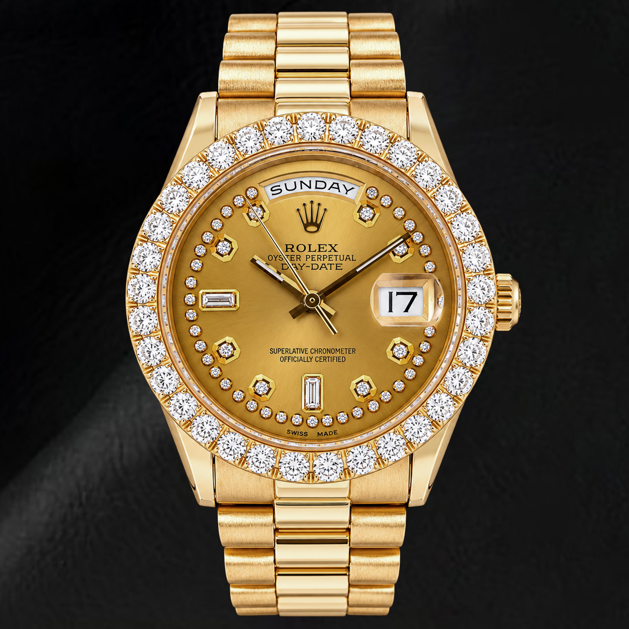 Rolex Day-Date 18038 36 mm Gelbgold Uhr, champagnerfarbenes Diamantzifferblatt mit Diamantkranz