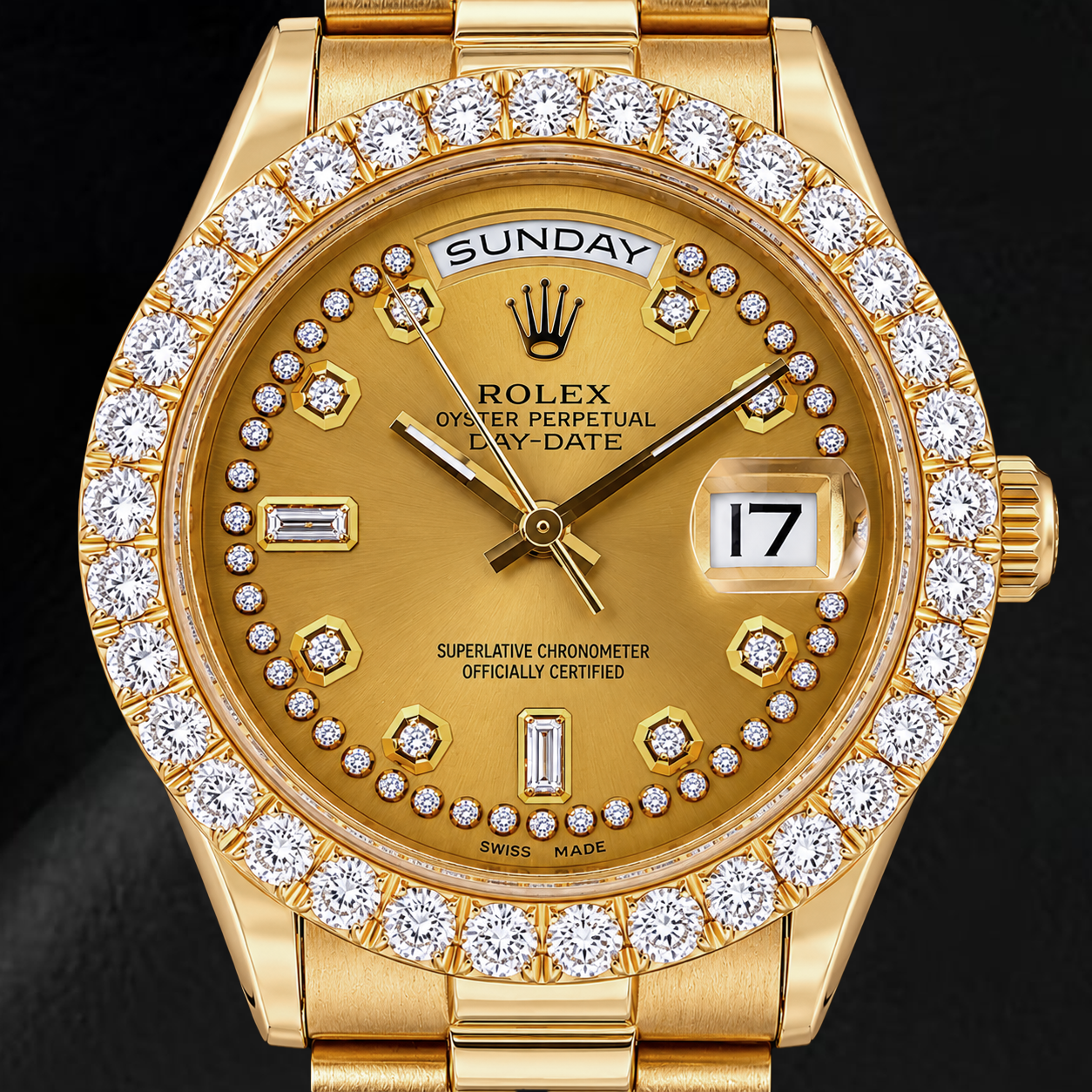 Rolex Day-Date 18038 36 mm Gelbgold Uhr, champagnerfarbenes Diamantzifferblatt mit Diamantkranz