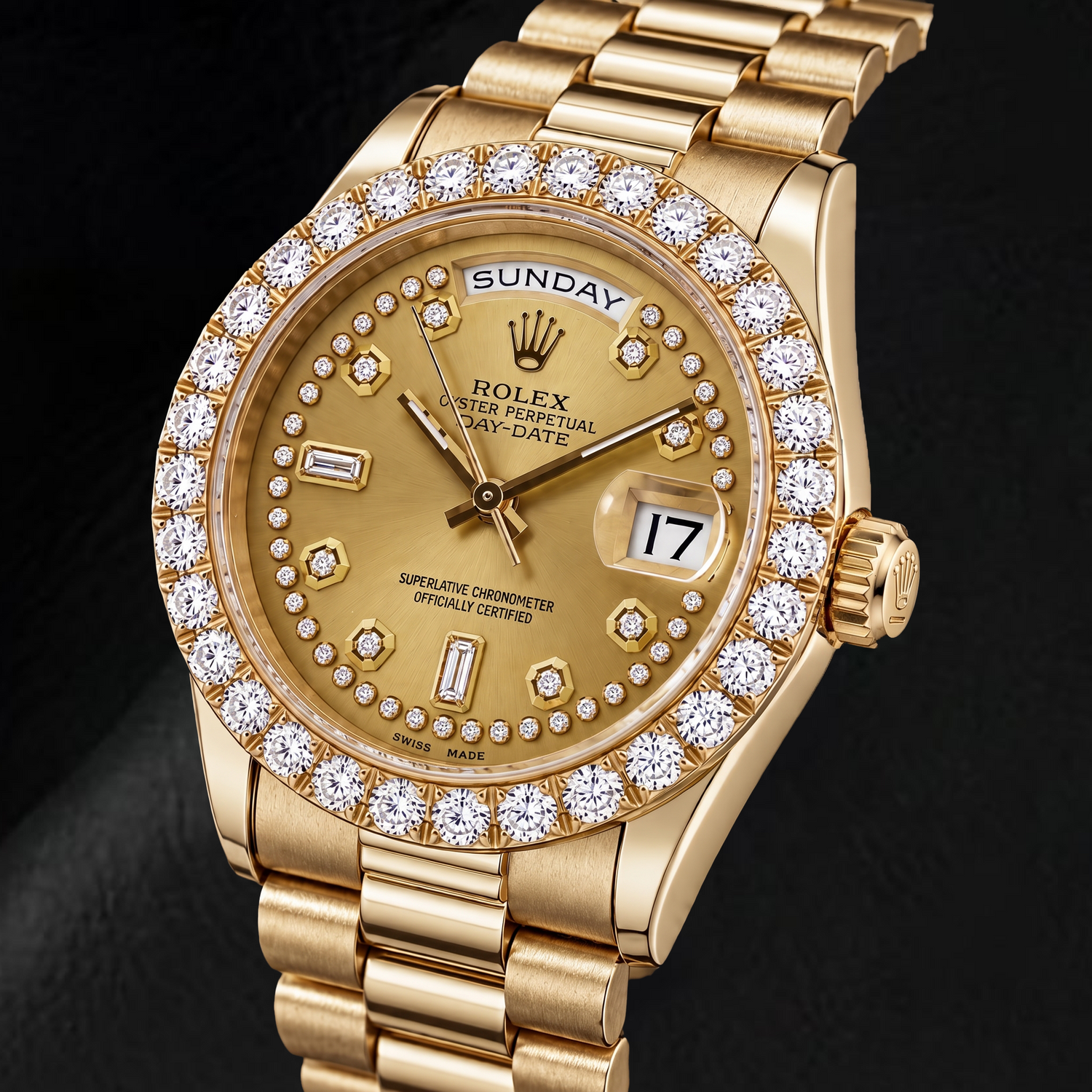 Rolex Day-Date 18038 36 mm Gelbgold Uhr, champagnerfarbenes Diamantzifferblatt mit Diamantkranz