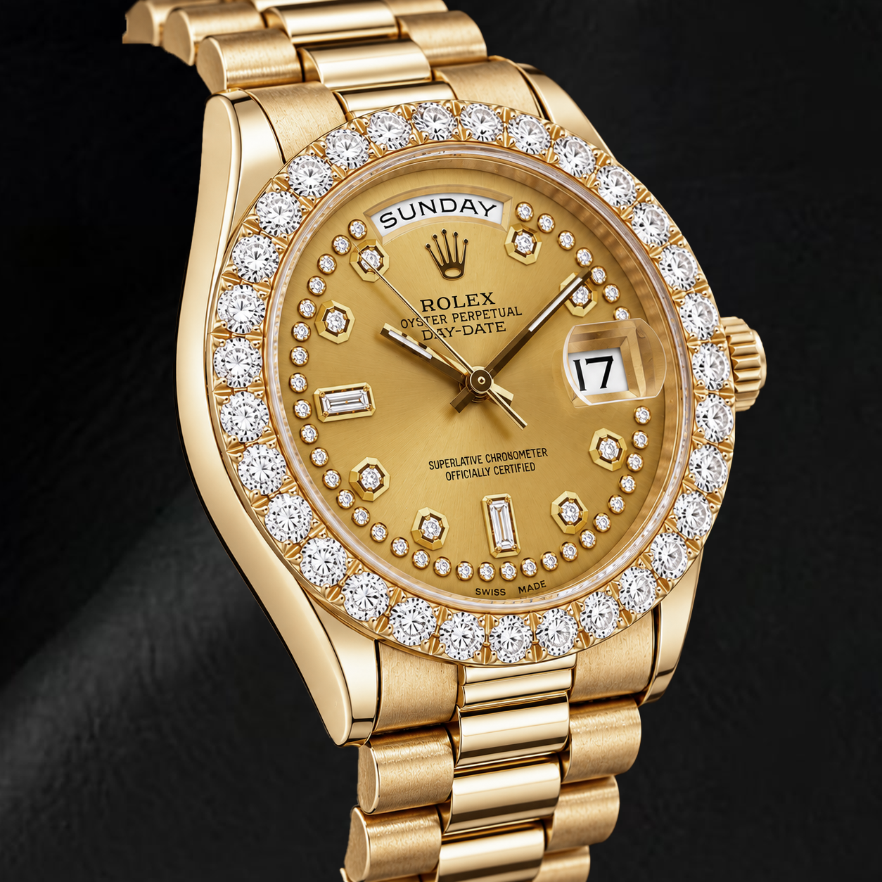 Rolex Day-Date 18038 36 mm Gelbgold Uhr, champagnerfarbenes Diamantzifferblatt mit Diamantkranz