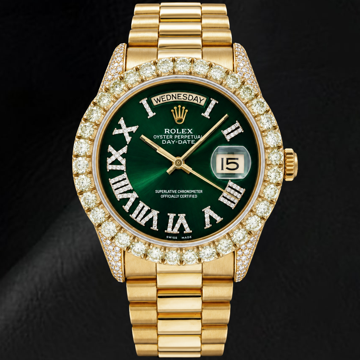 Rolex Day-Date 18038 36 mm Gelbgold Uhr mit grünem Diamantzifferblatt und römischen Ziffern