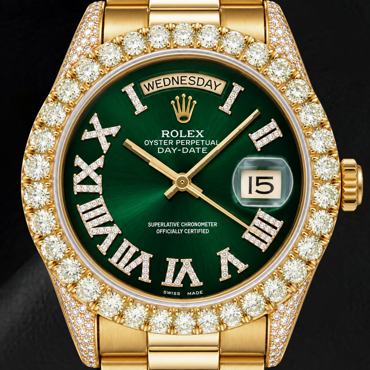 Rolex Day-Date 18038 36 mm Gelbgold Uhr mit grünem Diamantzifferblatt und römischen Ziffern