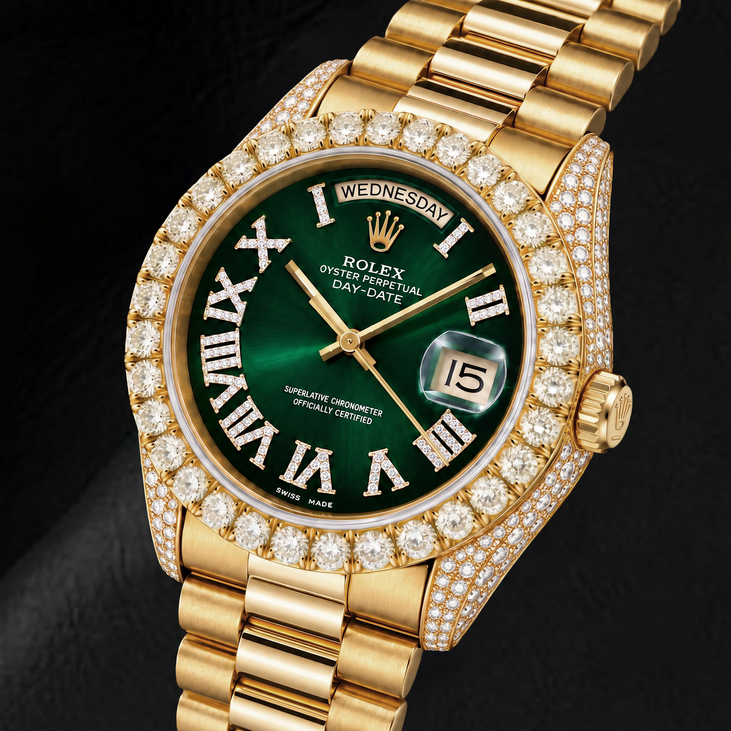 Rolex Day-Date 18038 36 mm Gelbgold Uhr mit grünem Diamantzifferblatt und römischen Ziffern