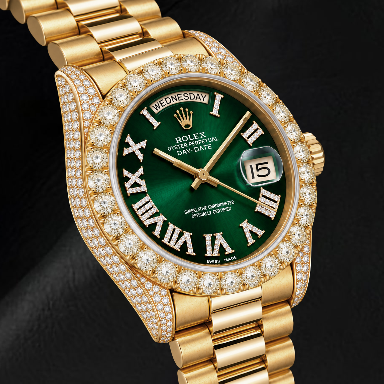 Rolex Day-Date 18038 36 mm Gelbgold Uhr mit grünem Diamantzifferblatt und römischen Ziffern