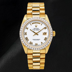 Rolex Day-Date 18038 36 mm Gelbgold-Uhr mit weißem Zifferblatt und römischen Ziffern