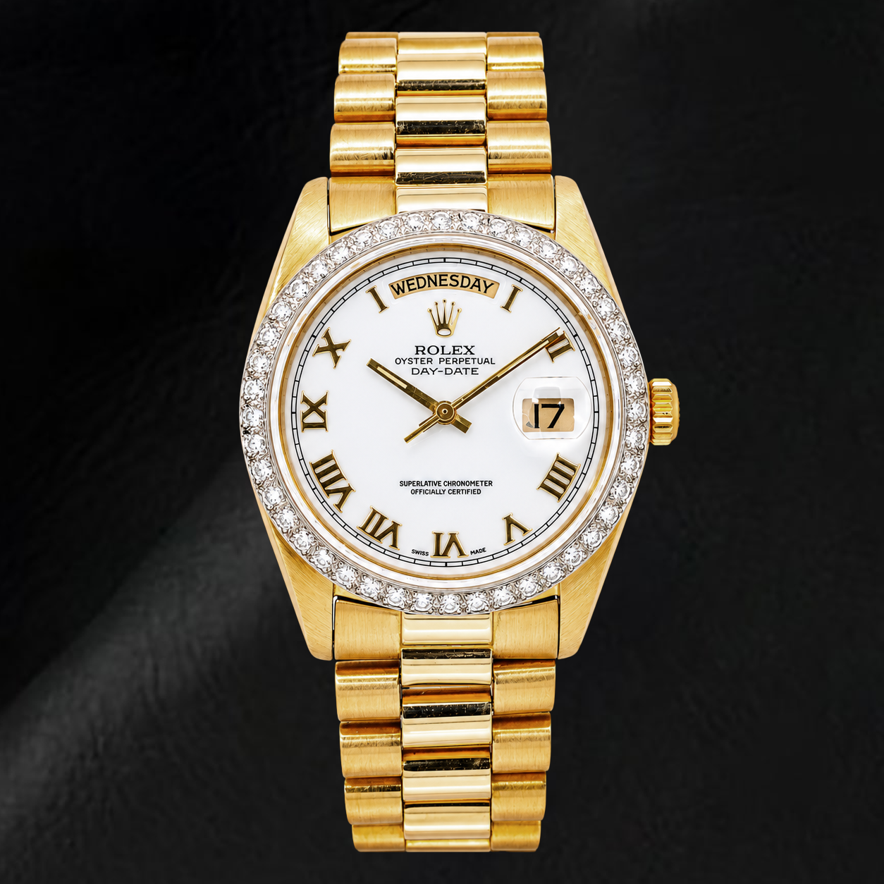 Rolex Day-Date 18038 36 mm Gelbgold-Uhr mit weißem Zifferblatt und römischen Ziffern