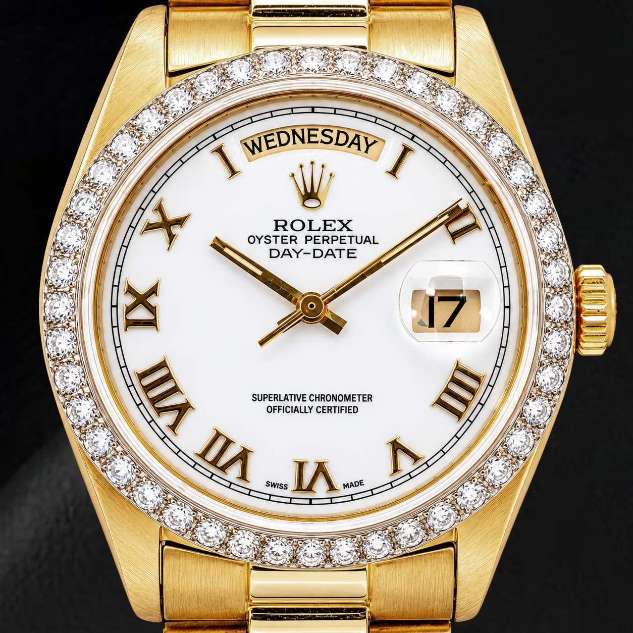 Rolex Day-Date 18038 36 mm Gelbgold-Uhr mit weißem Zifferblatt und römischen Ziffern