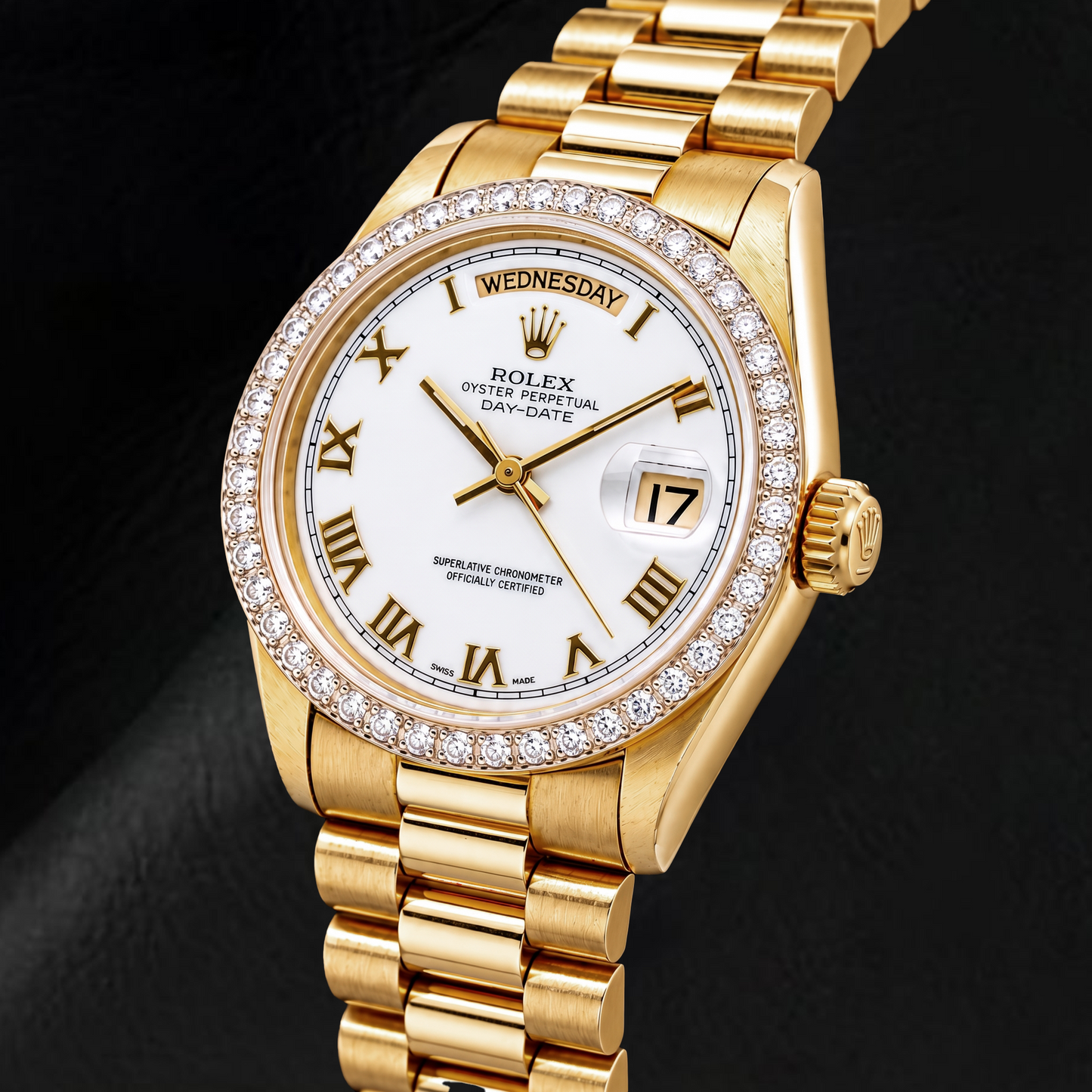 Rolex Day-Date 18038 36 mm Gelbgold-Uhr mit weißem Zifferblatt und römischen Ziffern