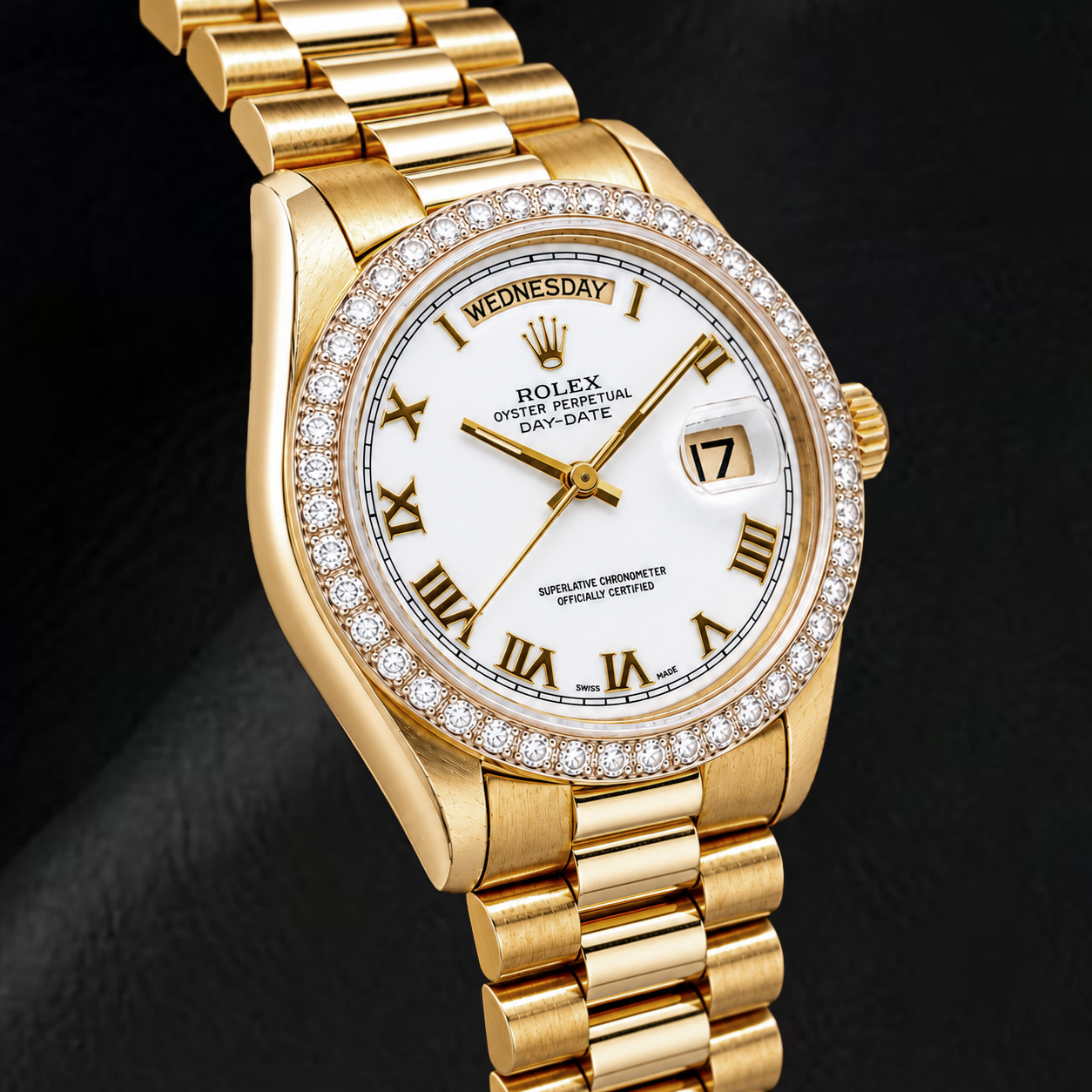 Rolex Day-Date 18038 36 mm Gelbgold-Uhr mit weißem Zifferblatt und römischen Ziffern