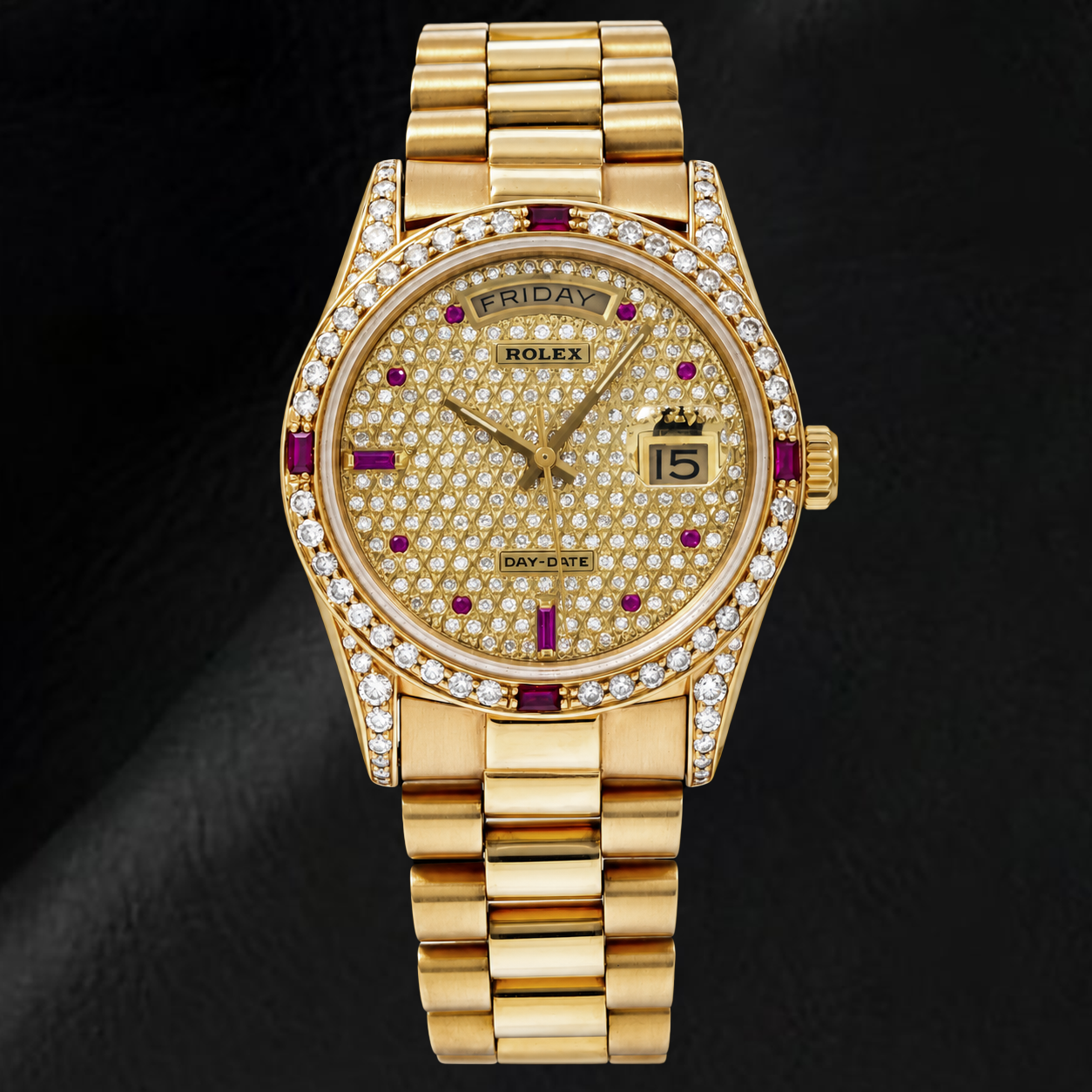Rolex Day-Date 18038 36 mm Uhr aus Gelbgold mit Diamant-Pavé-Zifferblatt