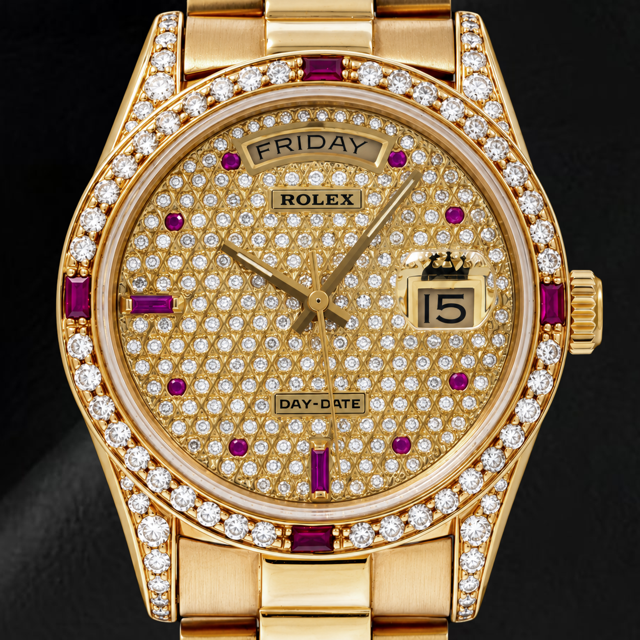 Rolex Day-Date 18038 36 mm Uhr aus Gelbgold mit Diamant-Pavé-Zifferblatt