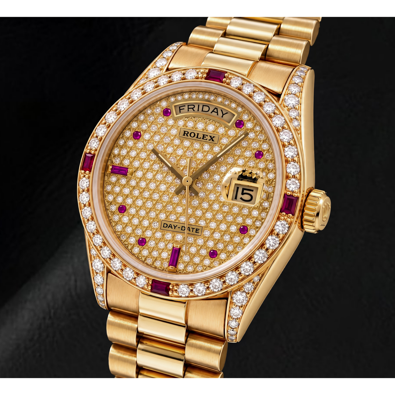 Rolex Day-Date 18038 36 mm Uhr aus Gelbgold mit Diamant-Pavé-Zifferblatt