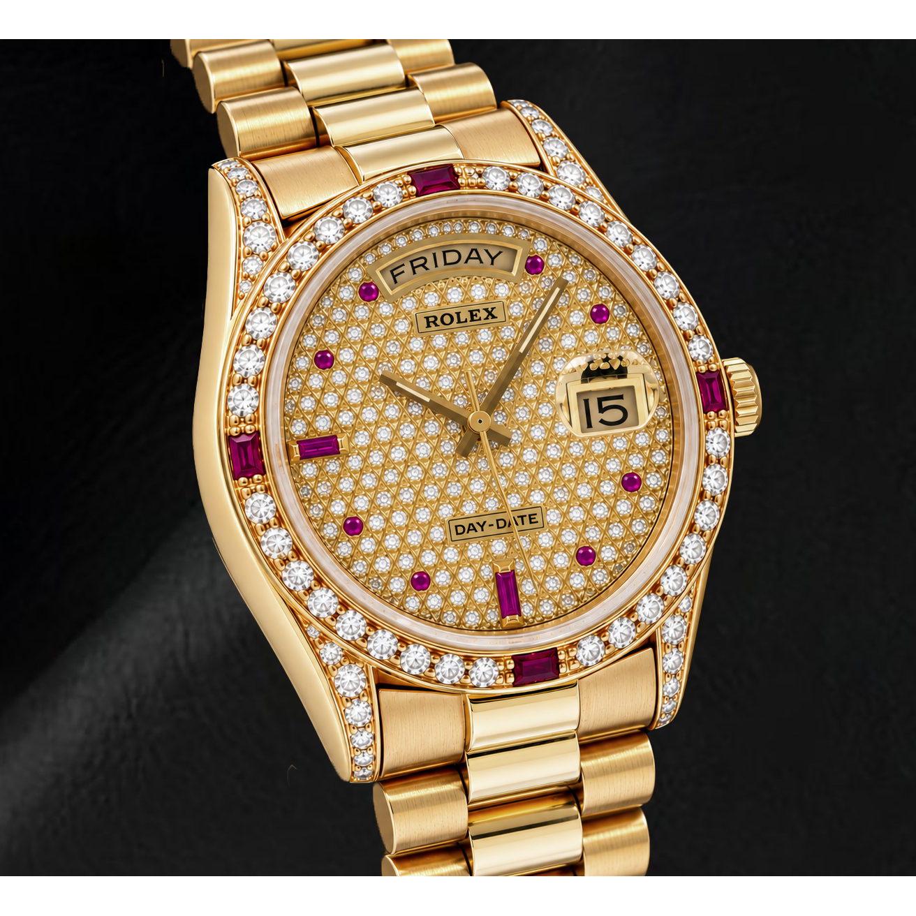 Rolex Day-Date 18038 36 mm Uhr aus Gelbgold mit Diamant-Pavé-Zifferblatt
