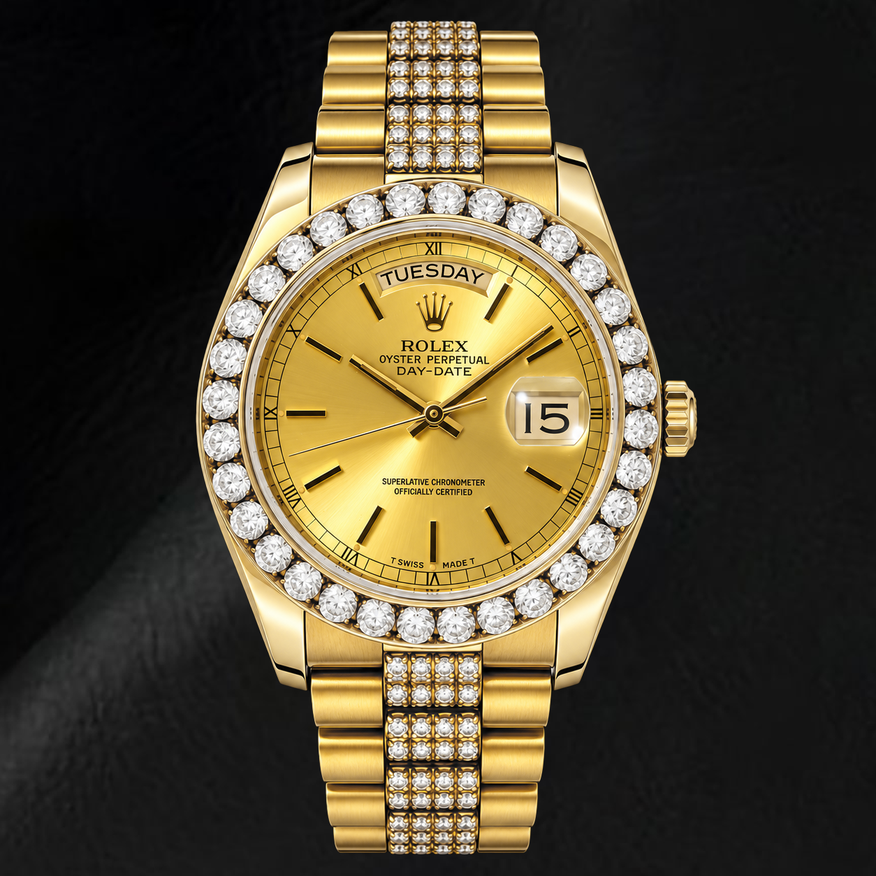 Rolex Day-Date 18078 36 mm Uhr aus Gelbgold mit champagnerfarbenem Zifferblatt mit Stabindizes