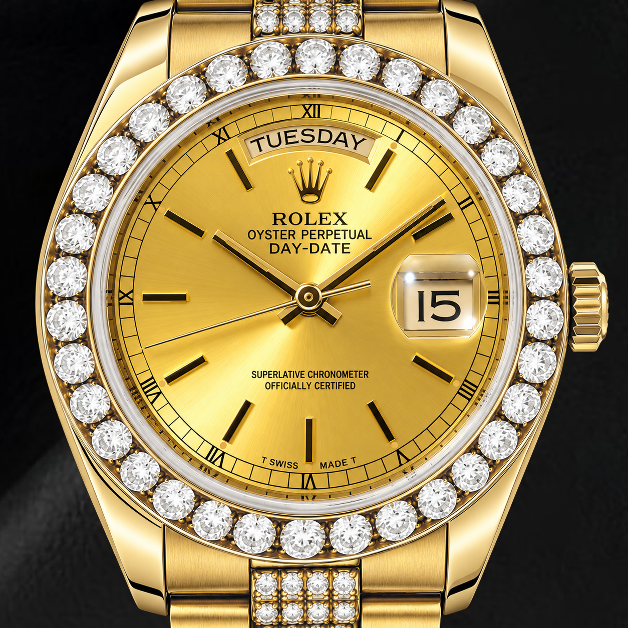 Rolex Day-Date 18078 36 mm Uhr aus Gelbgold mit champagnerfarbenem Zifferblatt mit Stabindizes