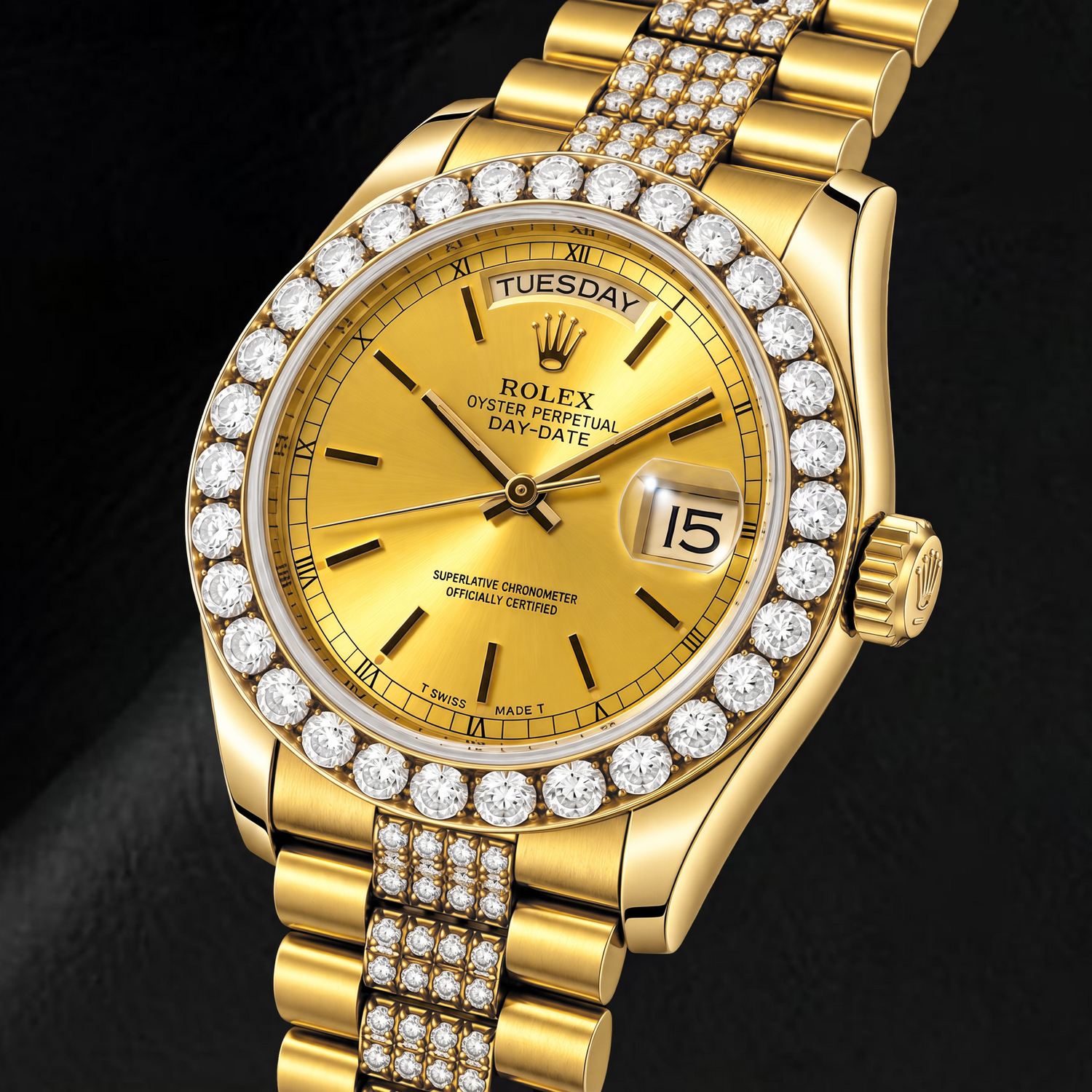 Rolex Day-Date 18078 36 mm Uhr aus Gelbgold mit champagnerfarbenem Zifferblatt mit Stabindizes