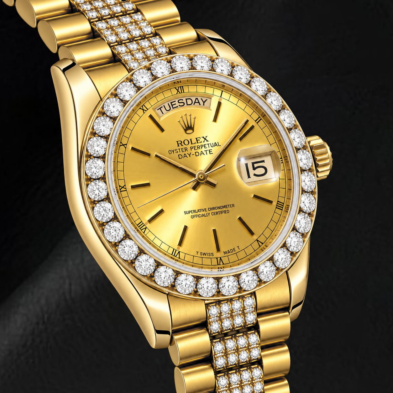 Rolex Day-Date 18078 36 mm Uhr aus Gelbgold mit champagnerfarbenem Zifferblatt mit Stabindizes