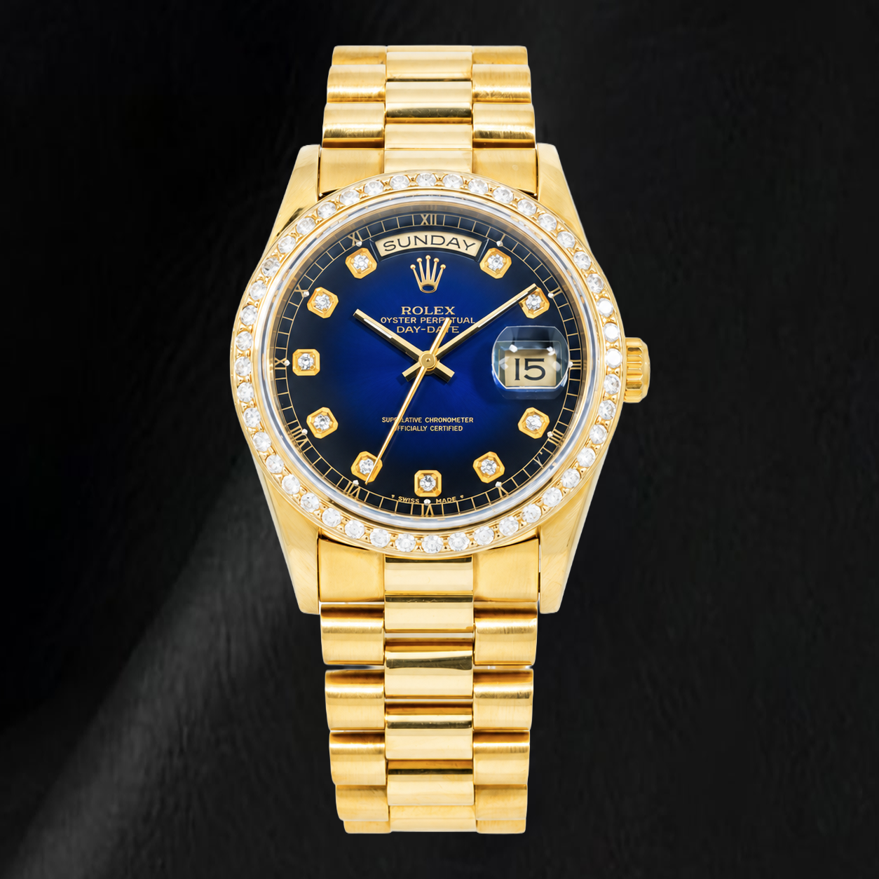 Rolex Day-Date 18238 36 mm Uhr aus Gelbgold mit blauem Diamantzifferblatt