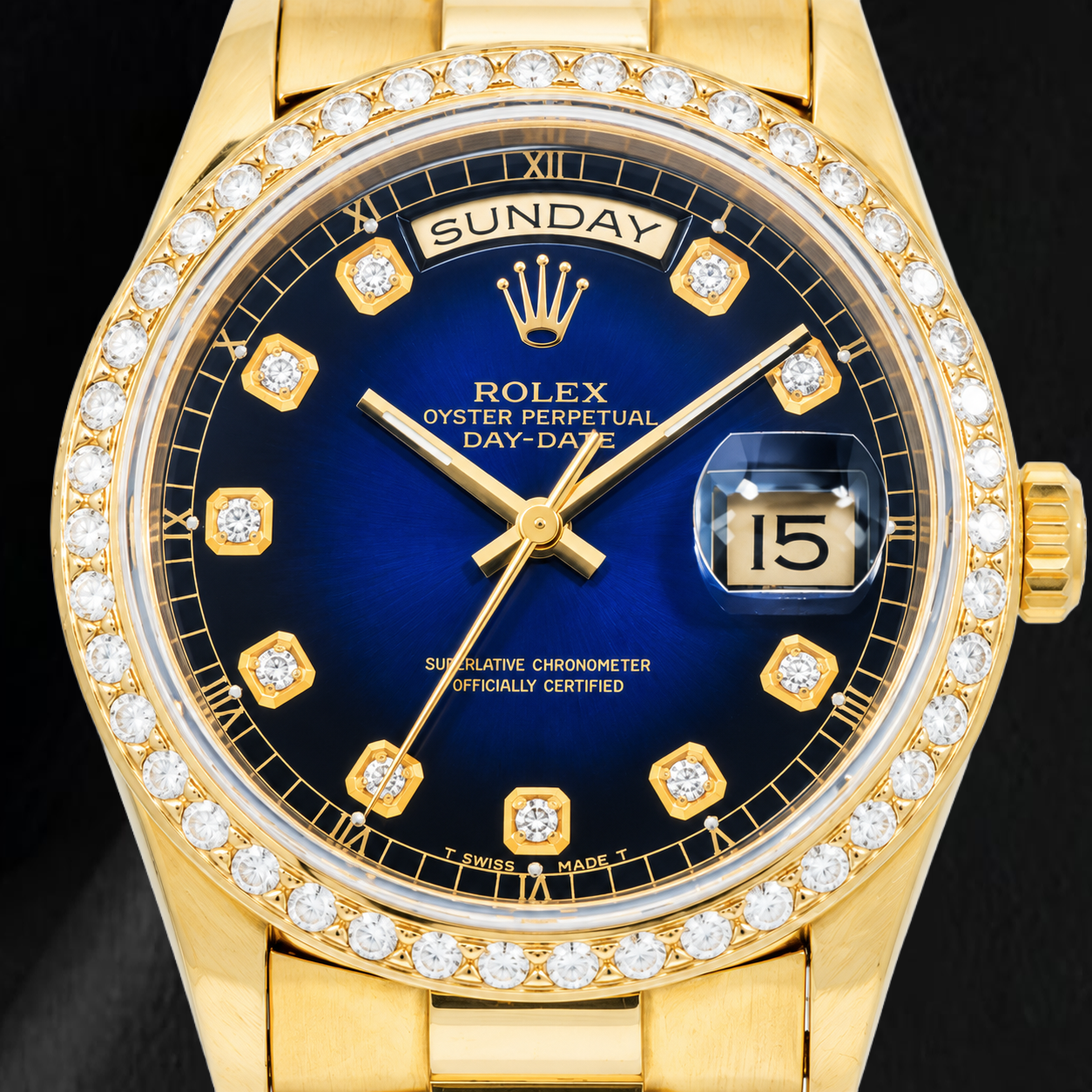 Rolex Day-Date 18238 36 mm Uhr aus Gelbgold mit blauem Diamantzifferblatt