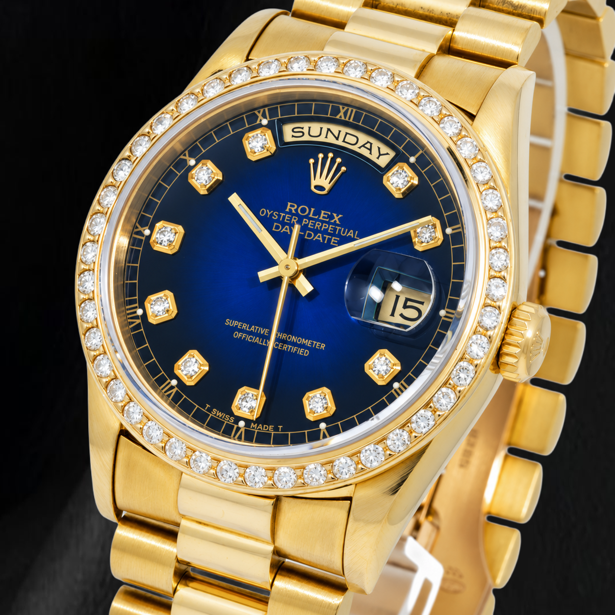 Rolex Day-Date 18238 36 mm Uhr aus Gelbgold mit blauem Diamantzifferblatt