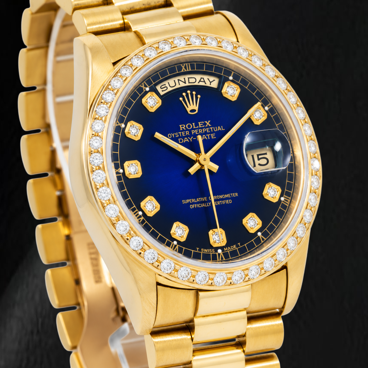 Rolex Day-Date 18238 36 mm Uhr aus Gelbgold mit blauem Diamantzifferblatt