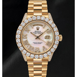 Rolex Day-Date 36 mm 1803 Gelbgold Uhr mit weißem Perlmutt-Diamantzifferblatt und römischen Ziffern