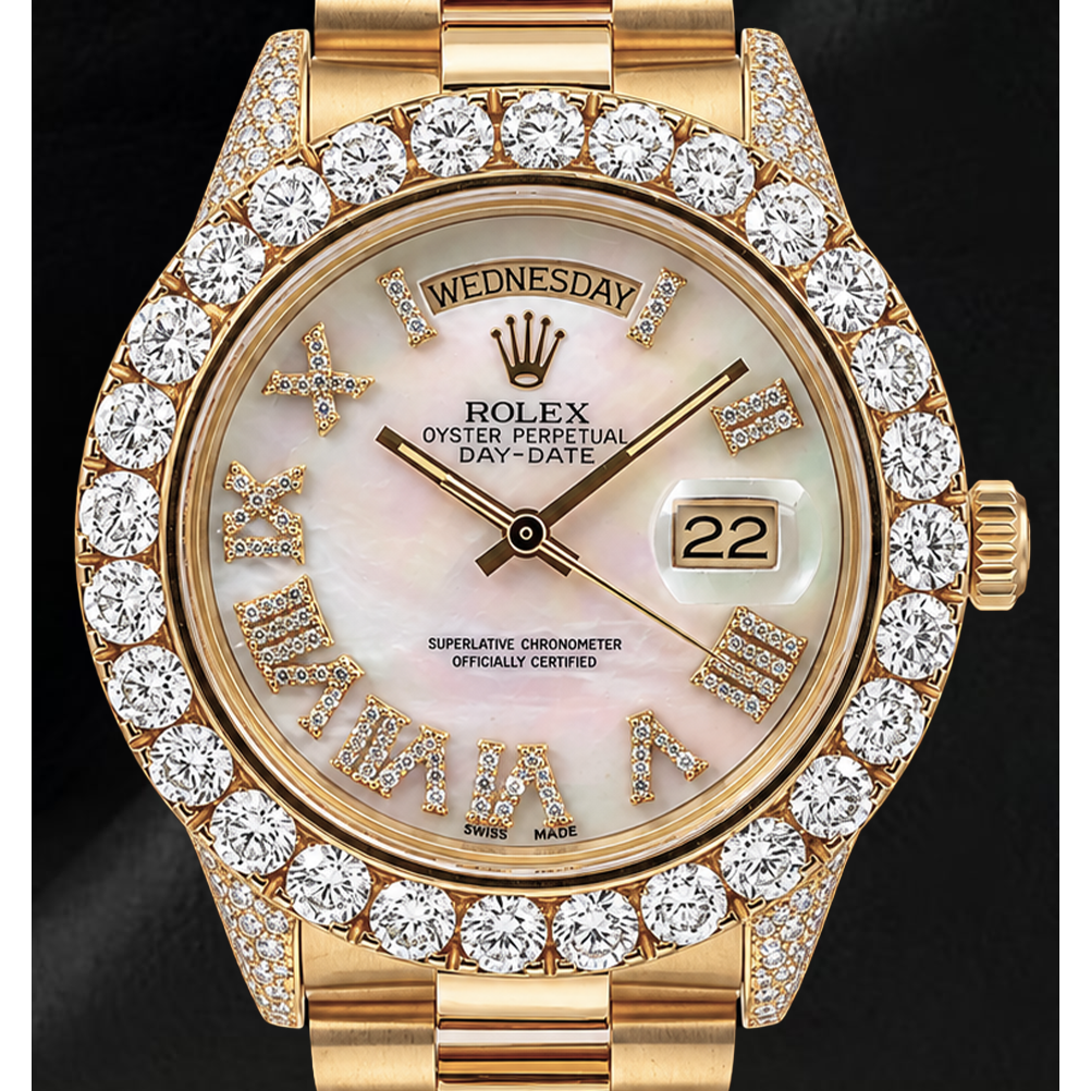 Rolex Day-Date 36 mm 1803 Gelbgold Uhr mit weißem Perlmutt-Diamantzifferblatt und römischen Ziffern