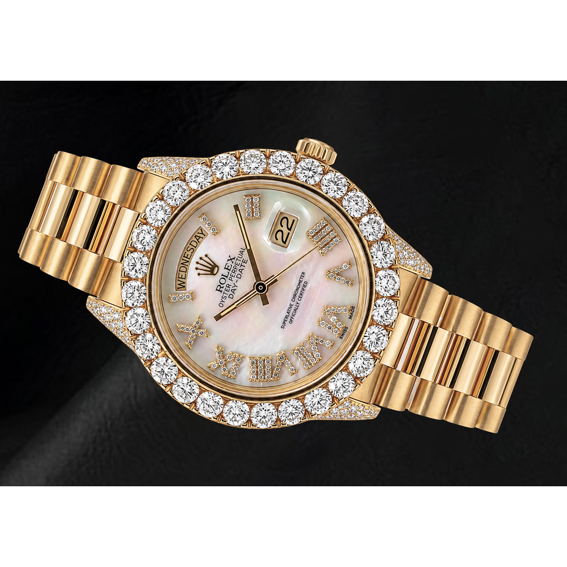 Rolex Day-Date 36 mm 1803 Gelbgold Uhr mit weißem Perlmutt-Diamantzifferblatt und römischen Ziffern