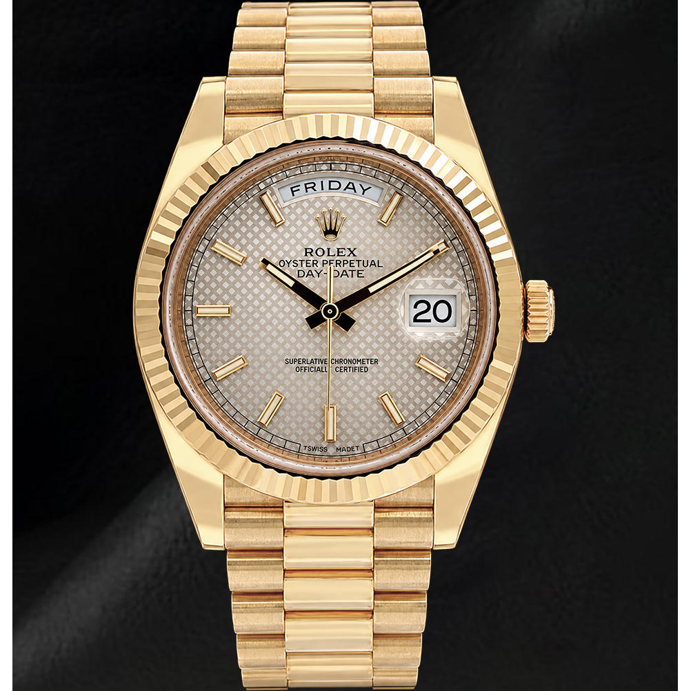 Rolex Day-Date 40 mm 228238 Uhr aus Gelbgold mit silbernem Motiv-Zifferblatt und President-Armband