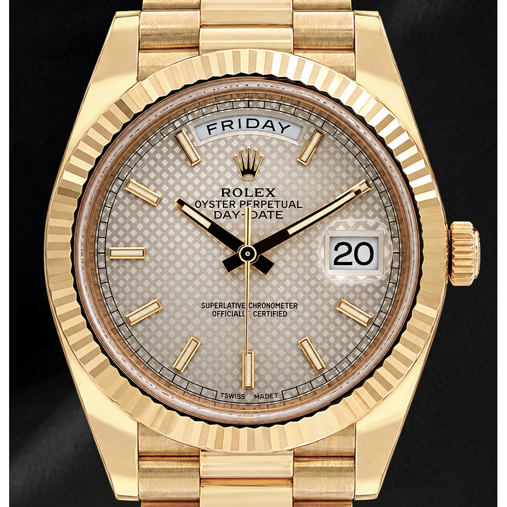 Rolex Day-Date 40 mm 228238 Uhr aus Gelbgold mit silbernem Motiv-Zifferblatt und President-Armband
