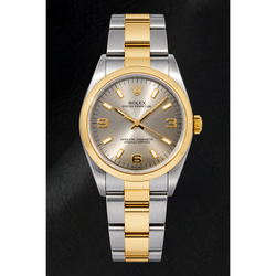 Rolex Oyster Perpetual 14203 34 mm Bicolor Uhr mit grauem Zifferblatt mit arabischen Leuchtziffern