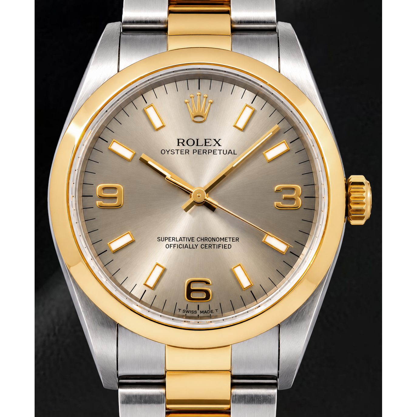 Rolex Oyster Perpetual 14203 34 mm Bicolor Uhr mit grauem Zifferblatt mit arabischen Leuchtziffern