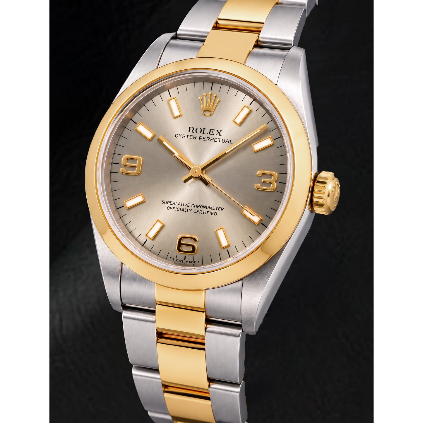 Rolex Oyster Perpetual 14203 34 mm Bicolor Uhr mit grauem Zifferblatt mit arabischen Leuchtziffern