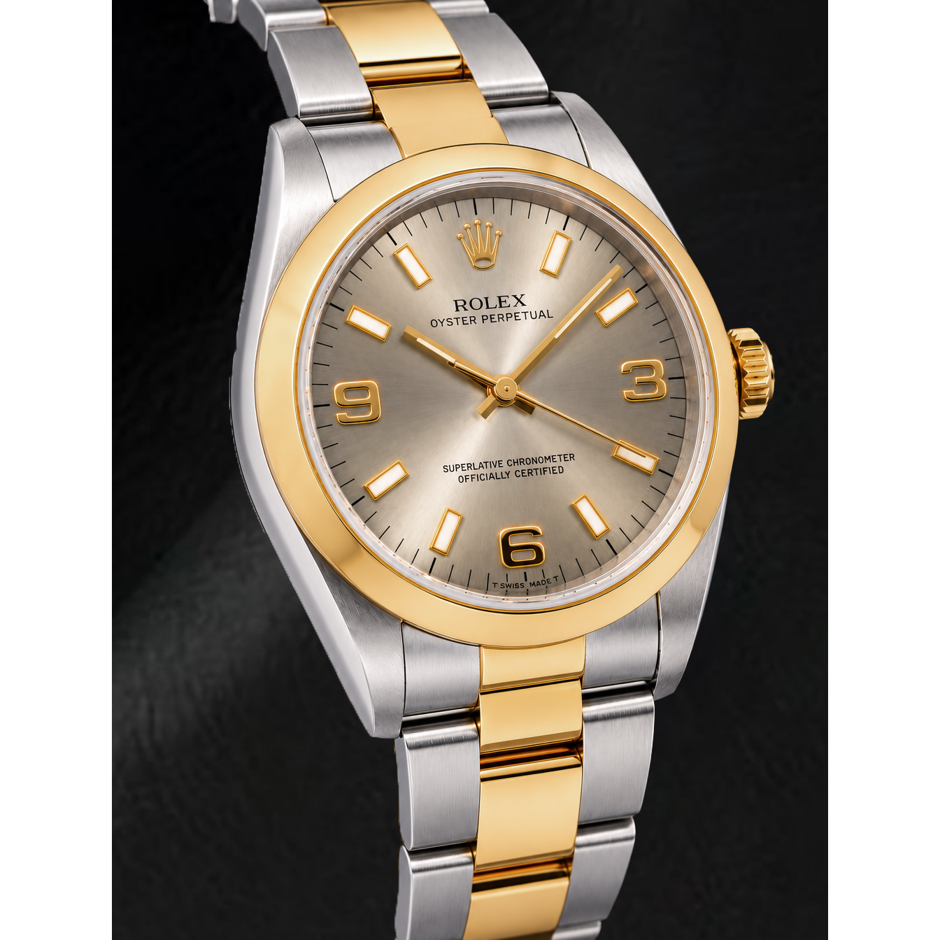 Rolex Oyster Perpetual 14203 34 mm Bicolor Uhr mit grauem Zifferblatt mit arabischen Leuchtziffern