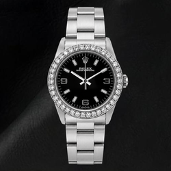 Rolex Oyster Perpetual 26mm 76030 Uhr mit schwarzem arabischem Zifferblatt und Diamantlünette