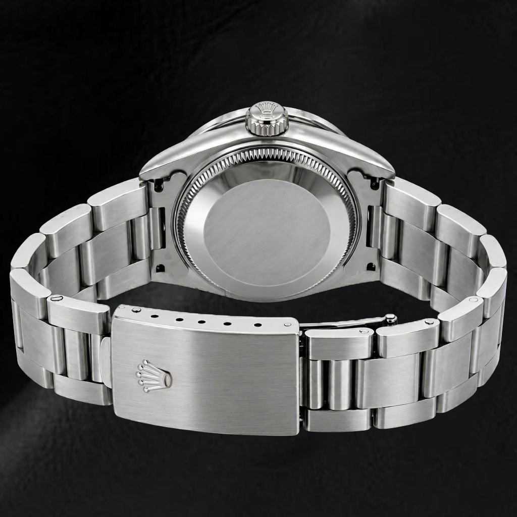 Rolex Oyster Perpetual 26mm 76030 Uhr mit schwarzem arabischem Zifferblatt und Diamantlünette