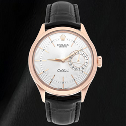 Rolex Oyster Perpetual 50515 39 mm Uhr aus Roségold, silbernes Zifferblatt mit Stabindizes, schwarzes Lederarmband