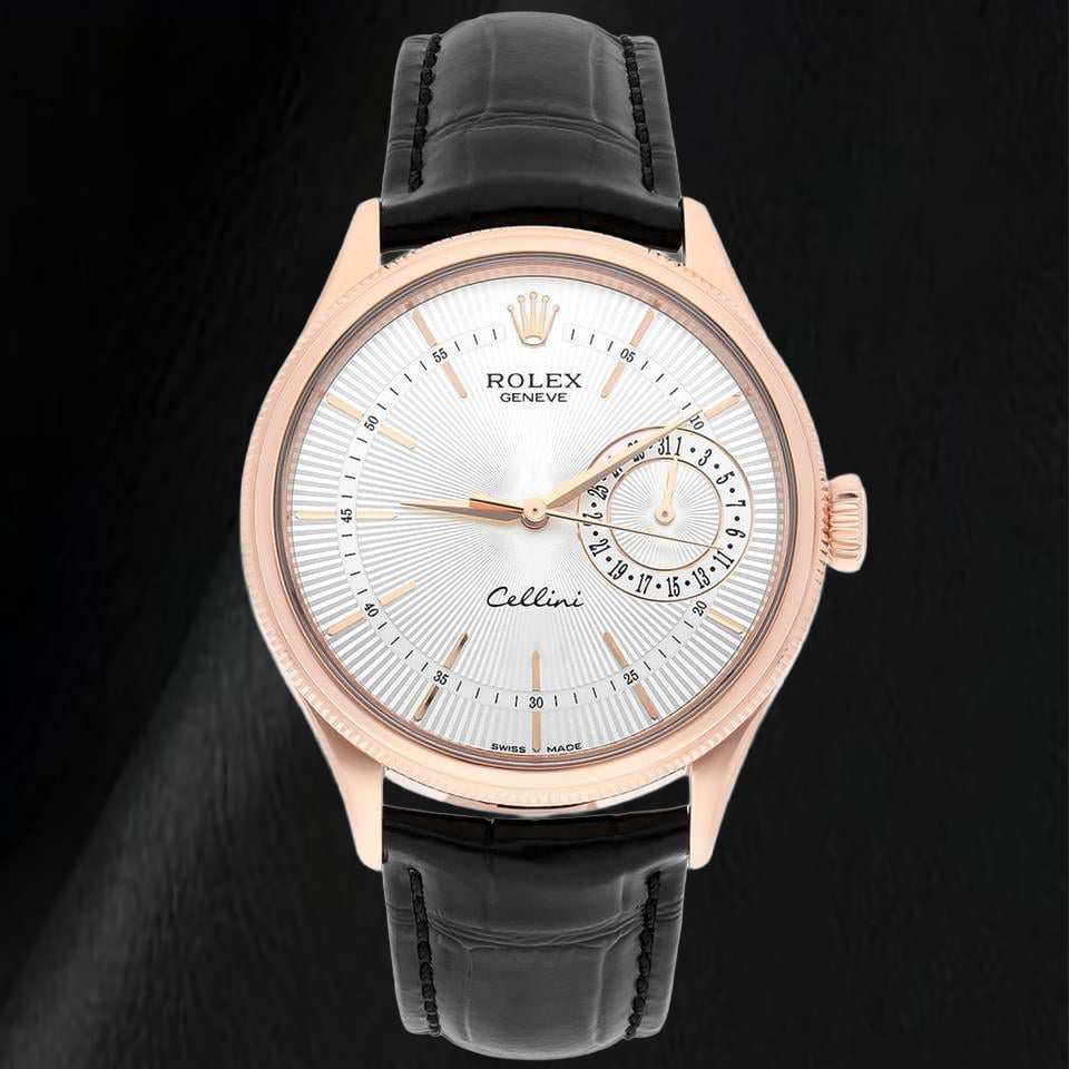 Rolex Oyster Perpetual 50515 39 mm Uhr aus Roségold, silbernes Zifferblatt mit Stabindizes, schwarzes Lederarmband
