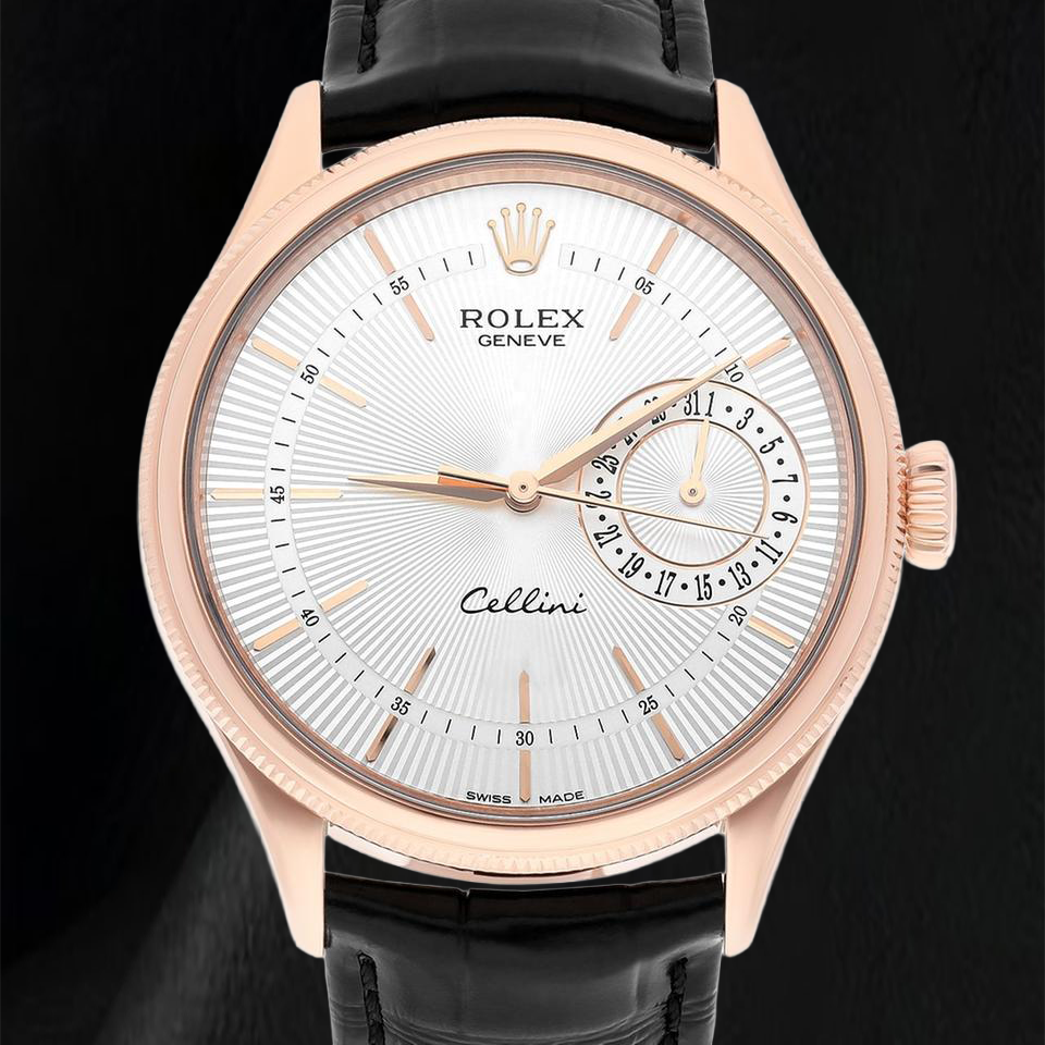 Rolex Oyster Perpetual 50515 39 mm Uhr aus Roségold, silbernes Zifferblatt mit Stabindizes, schwarzes Lederarmband